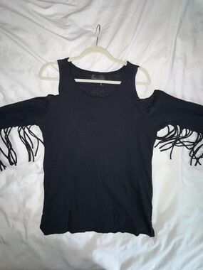 Jeans by Buffalo Fringe Sleeve Cold-Shoulder Black Top